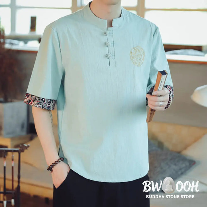 Buddha Stones Frog-Button Dragon Embroidery Chinese Tang Suit Short Sleeve Shirt Linen Men Clothing - Men’s Shirts