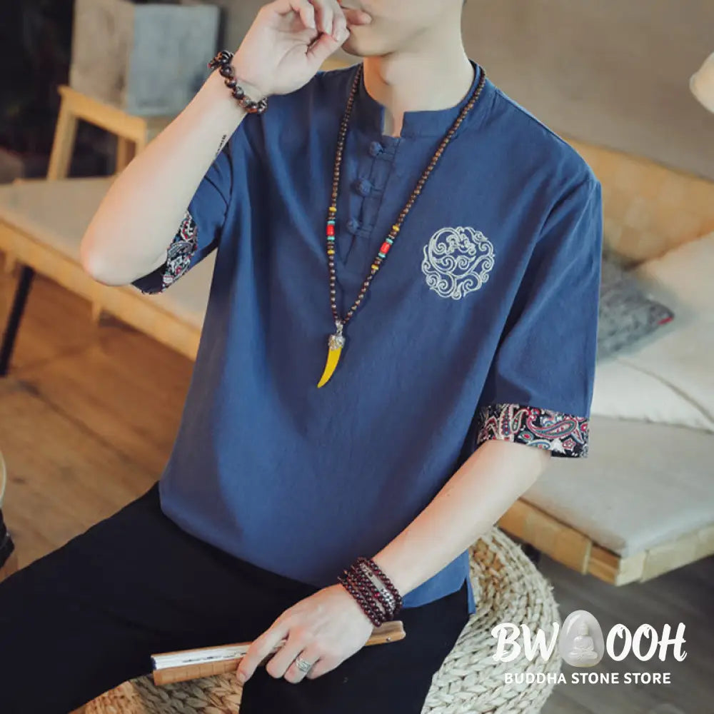 Buddha Stones Frog-Button Dragon Embroidery Chinese Tang Suit Short Sleeve Shirt Linen Men Clothing - Men’s Shirts