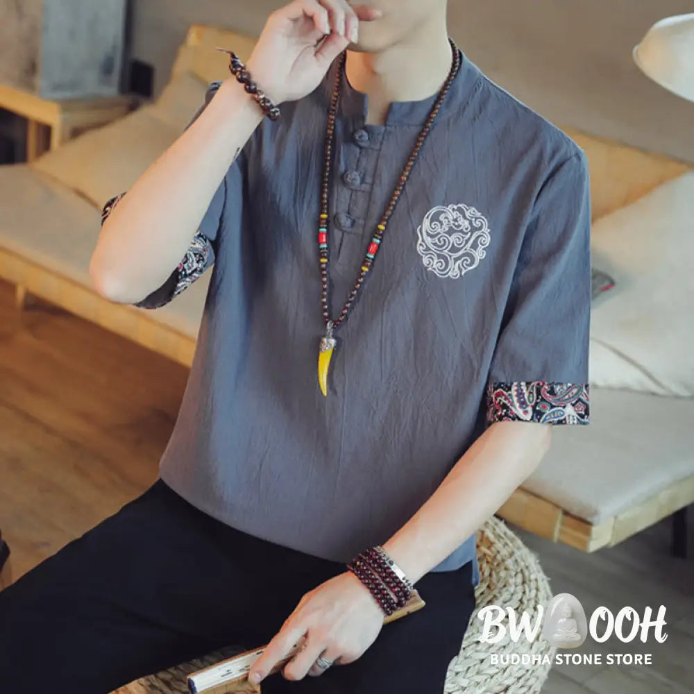 Buddha Stones Frog-Button Dragon Embroidery Chinese Tang Suit Short Sleeve Shirt Linen Men Clothing - Men’s Shirts