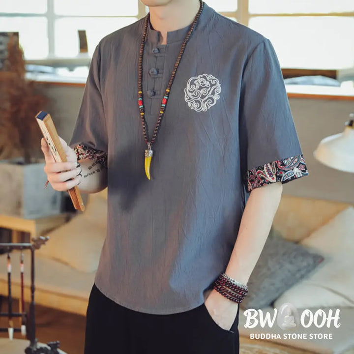 Buddha Stones Frog-Button Dragon Embroidery Chinese Tang Suit Short Sleeve Shirt Linen Men Clothing - Men’s Shirts