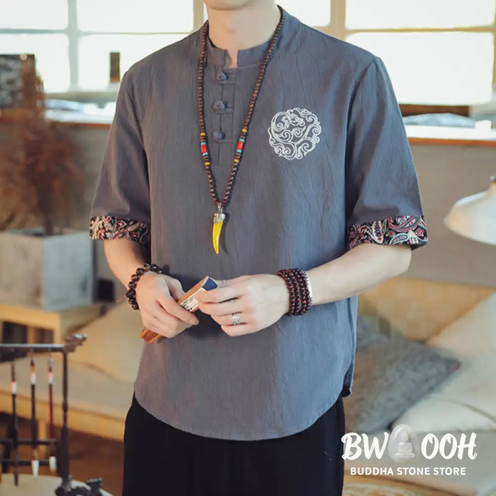 Buddha Stones Frog-Button Dragon Embroidery Chinese Tang Suit Short Sleeve Shirt Linen Men Clothing - Men’s Shirts