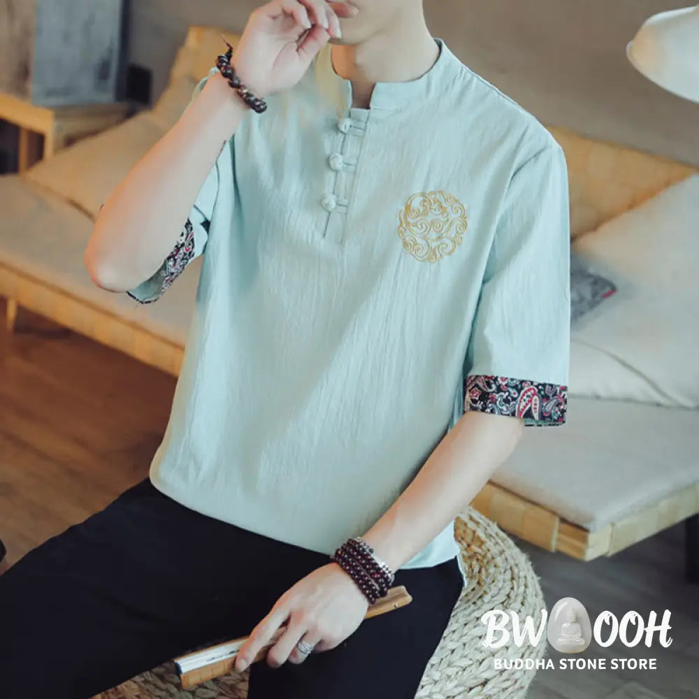 Buddha Stones Frog-Button Dragon Embroidery Chinese Tang Suit Short Sleeve Shirt Linen Men Clothing - Men’s Shirts