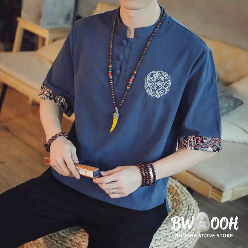 Buddha Stones Frog-Button Dragon Embroidery Chinese Tang Suit Short Sleeve Shirt Linen Men Clothing - Men’s Shirts