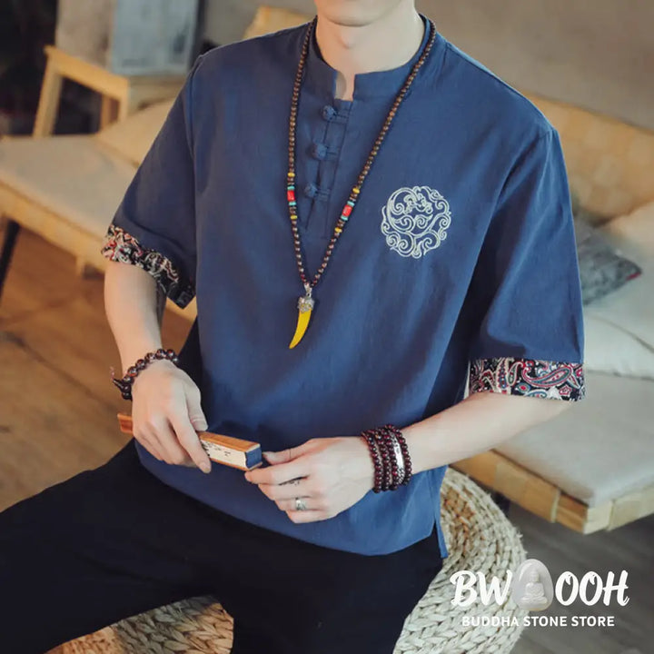 Buddha Stones Frog-Button Dragon Embroidery Chinese Tang Suit Short Sleeve Shirt Linen Men Clothing - Men’s Shirts
