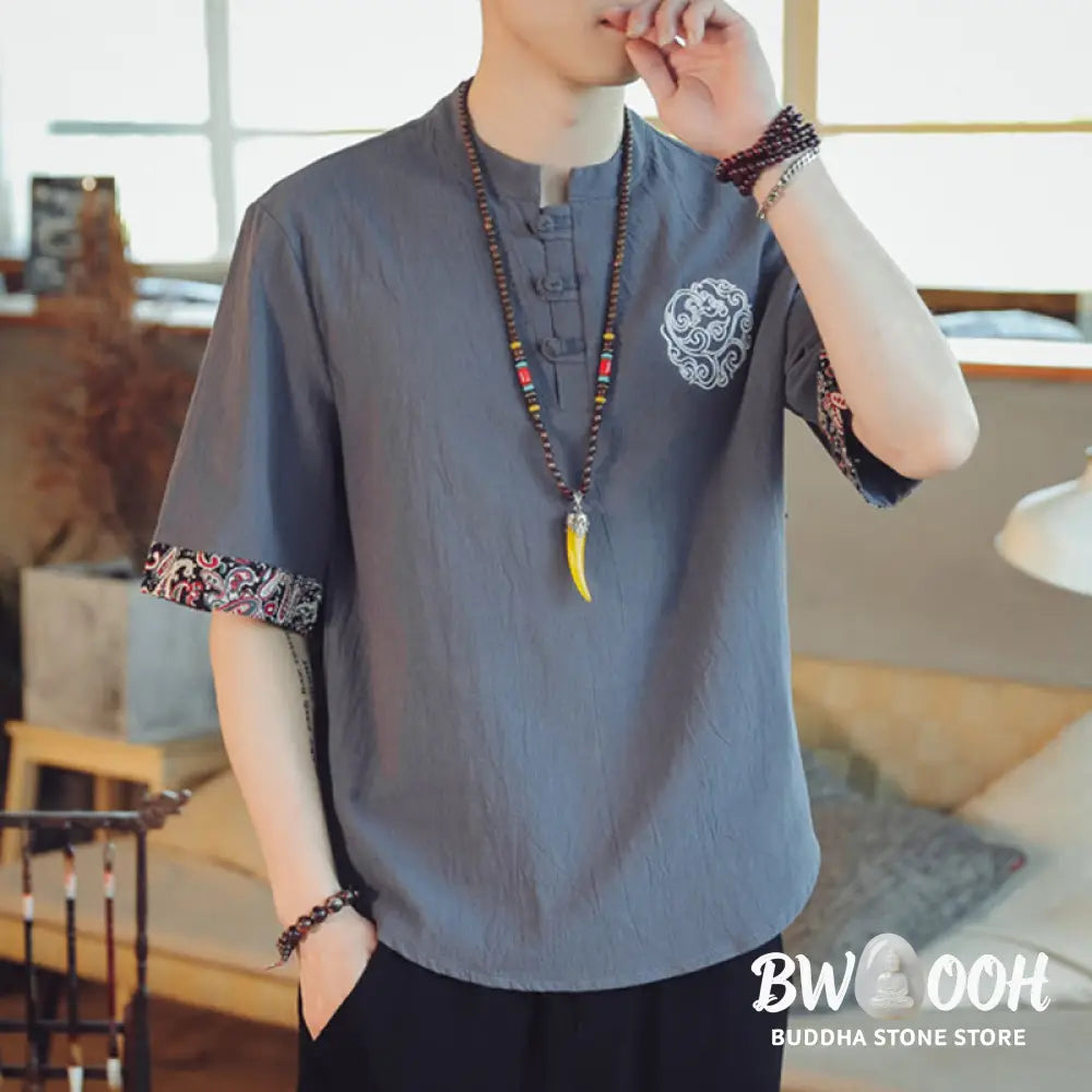 Buddha Stones Frog-Button Dragon Embroidery Chinese Tang Suit Short Sleeve Shirt Linen Men Clothing - Men’s Shirts