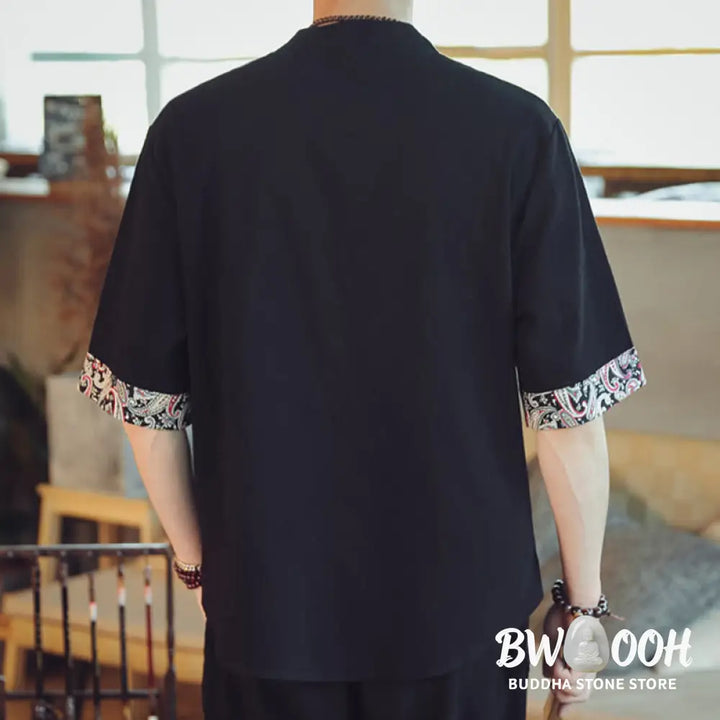 Buddha Stones Frog-Button Dragon Embroidery Chinese Tang Suit Short Sleeve Shirt Linen Men Clothing - Men’s Shirts