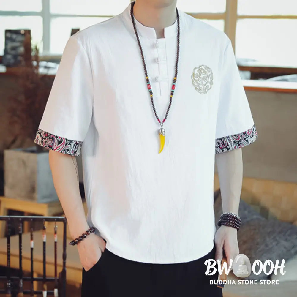 Buddha Stones Frog-Button Dragon Embroidery Chinese Tang Suit Short Sleeve Shirt Linen Men Clothing - Men’s Shirts