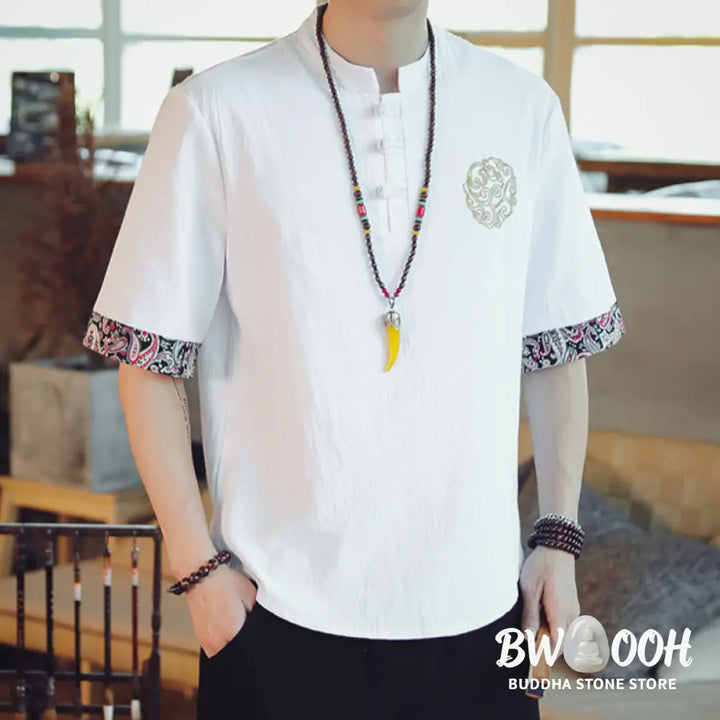 Buddha Stones Frog-Button Dragon Embroidery Chinese Tang Suit Short Sleeve Shirt Linen Men Clothing - Men’s Shirts