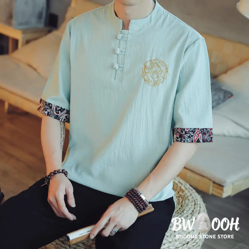 Buddha Stones Frog-Button Dragon Embroidery Chinese Tang Suit Short Sleeve Shirt Linen Men Clothing - Men’s Shirts