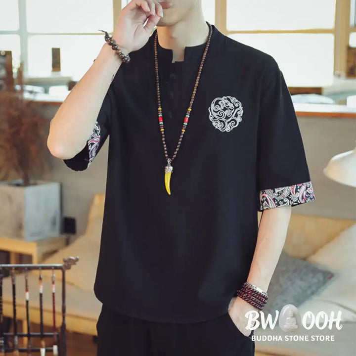 Buddha Stones Frog-Button Dragon Embroidery Chinese Tang Suit Short Sleeve Shirt Linen Men Clothing - Men’s Shirts