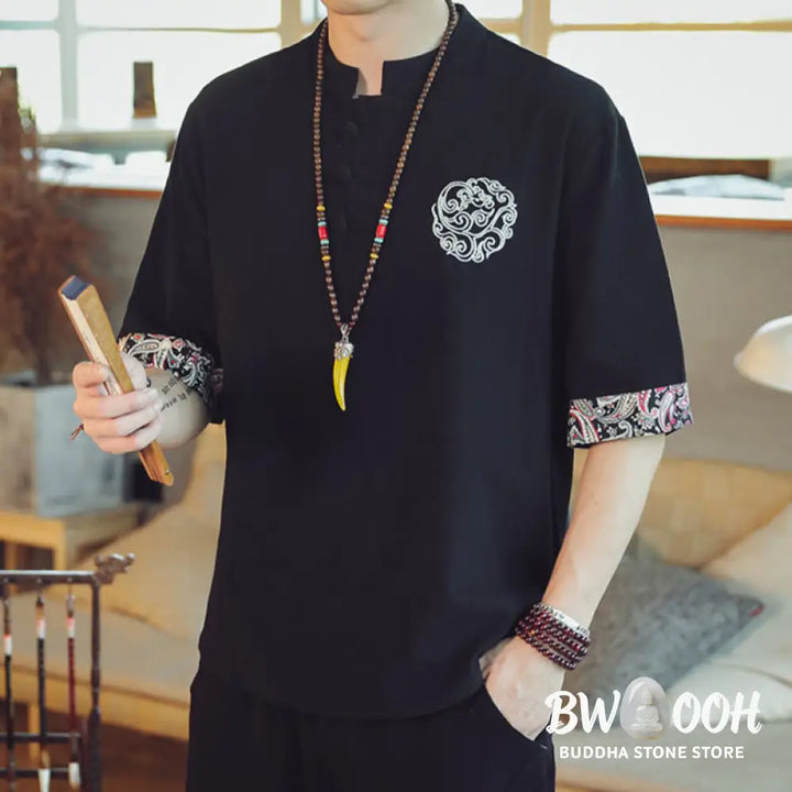 Buddha Stones Frog-Button Dragon Embroidery Chinese Tang Suit Short Sleeve Shirt Linen Men Clothing - Men’s Shirts