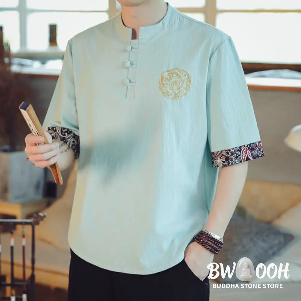 Buddha Stones Frog-Button Dragon Embroidery Chinese Tang Suit Short Sleeve Shirt Linen Men Clothing - Men’s Shirts