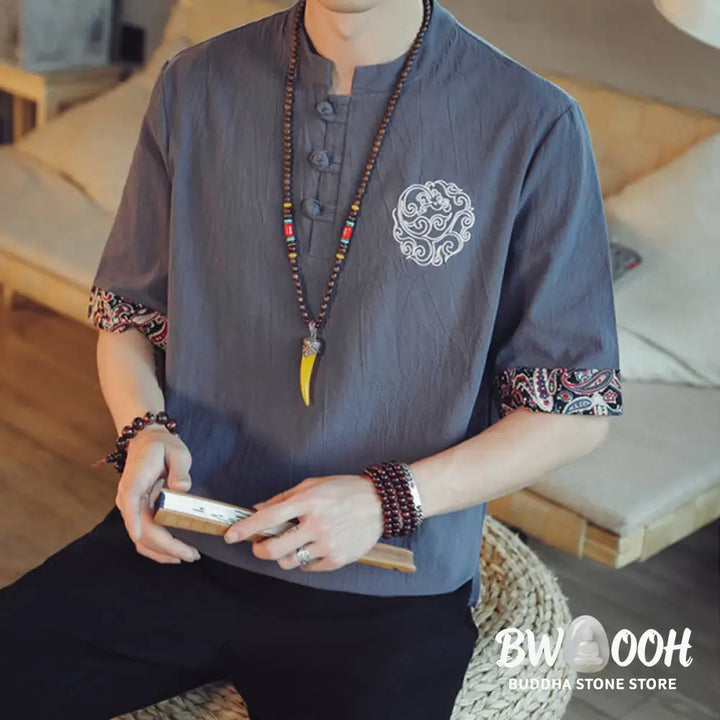 Buddha Stones Frog-Button Dragon Embroidery Chinese Tang Suit Short Sleeve Shirt Linen Men Clothing - Men’s Shirts