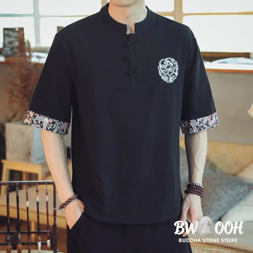 Buddha Stones Frog-Button Dragon Embroidery Chinese Tang Suit Short Sleeve Shirt Linen Men Clothing - Men’s Shirts