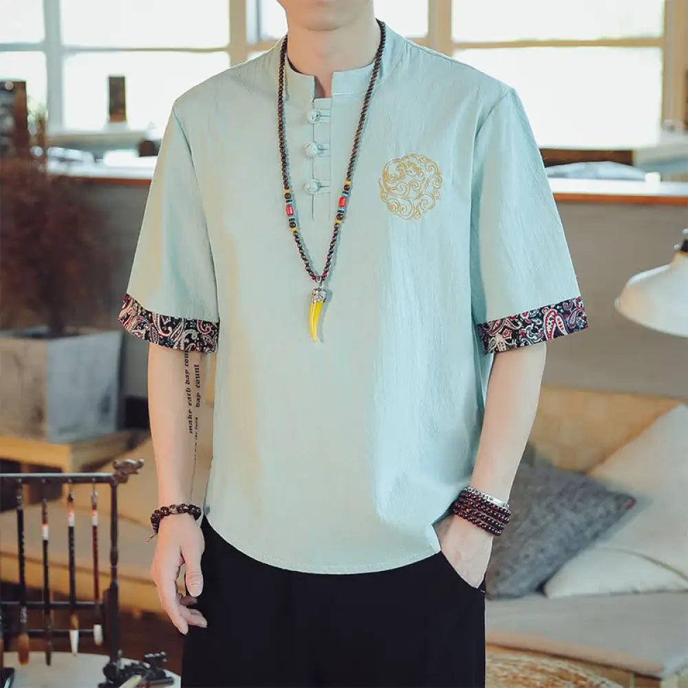 Buddha Stones Frog-Button Dragon Embroidery Chinese Tang Suit Short Sleeve Shirt Linen Men Clothing - MintCream