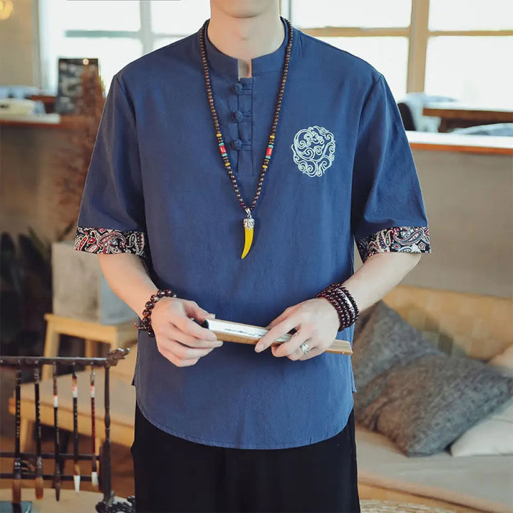 Buddha Stones Frog-Button Dragon Embroidery Chinese Tang Suit Short Sleeve Shirt Linen Men Clothing - SteelBlue