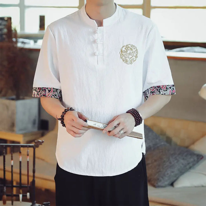 Buddha Stones Frog-Button Dragon Embroidery Chinese Tang Suit Short Sleeve Shirt Linen Men Clothing - White