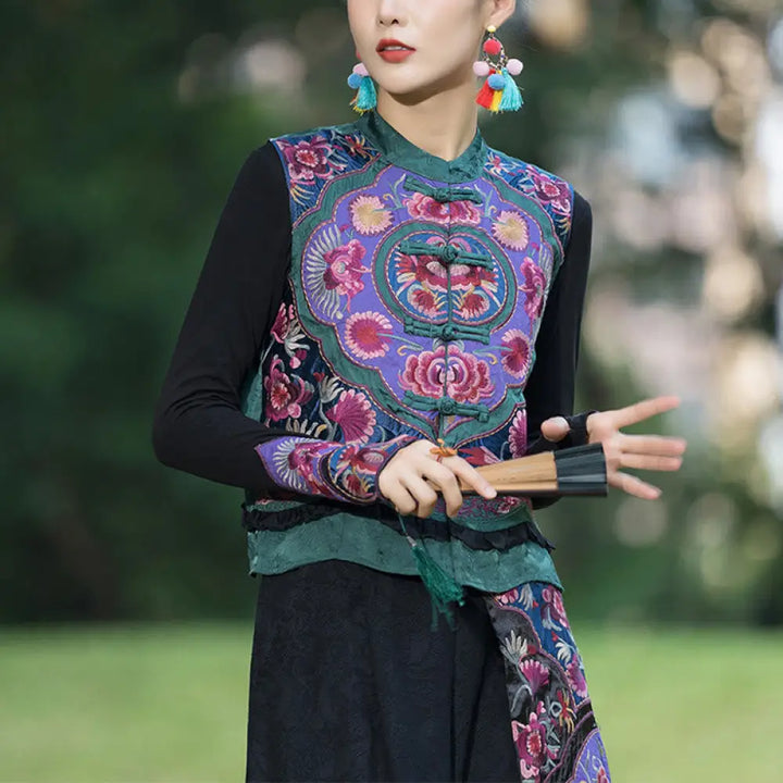 BWOOOH Frog-Button Embroidery Flowers Cotton Linen Tang S