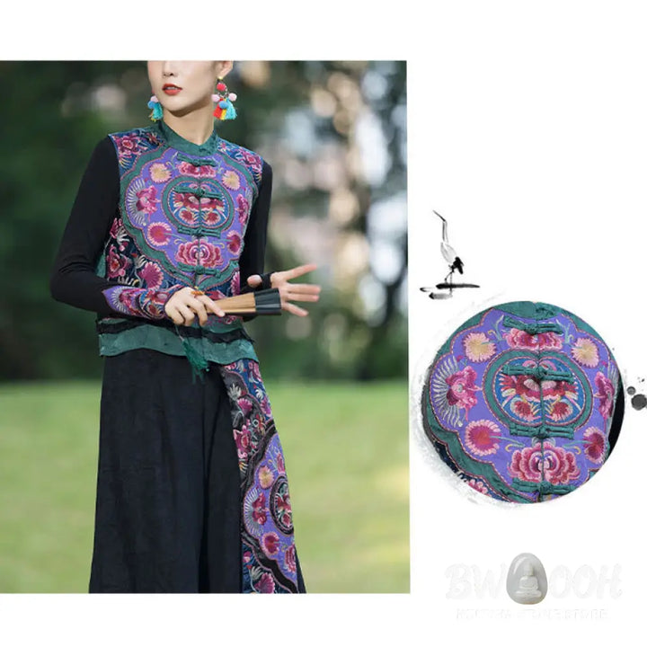 Buddha Stones Frog-Button Embroidery Flowers Cotton Linen Tang Suit Design Sleeveless Vest - Waistcoat