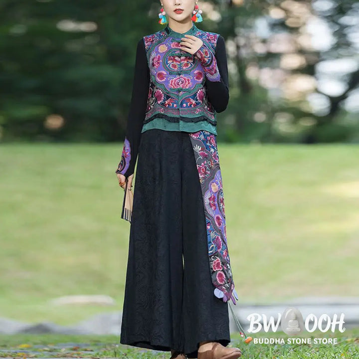 Buddha Stones Frog-Button Embroidery Flowers Cotton Linen Tang Suit Design Sleeveless Vest - Waistcoat