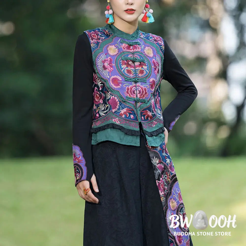 Buddha Stones Frog-Button Embroidery Flowers Cotton Linen Tang Suit Design Sleeveless Vest - Waistcoat