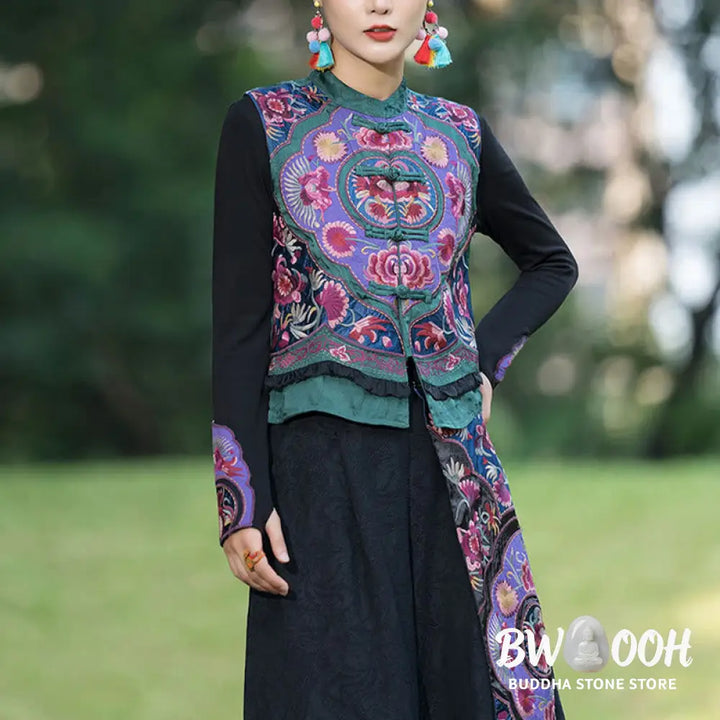 Buddha Stones Frog-Button Embroidery Flowers Cotton Linen Tang Suit Design Sleeveless Vest - Waistcoat