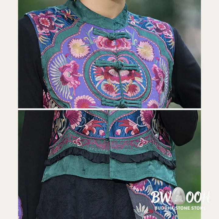 Buddha Stones Frog-Button Embroidery Flowers Cotton Linen Tang Suit Design Sleeveless Vest - Waistcoat