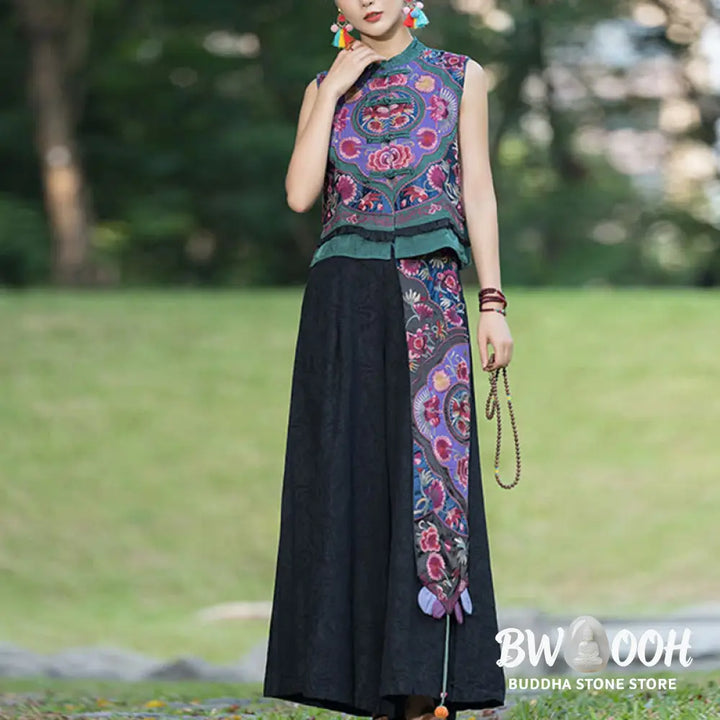 Buddha Stones Frog-Button Embroidery Flowers Cotton Linen Tang Suit Design Sleeveless Vest - Waistcoat