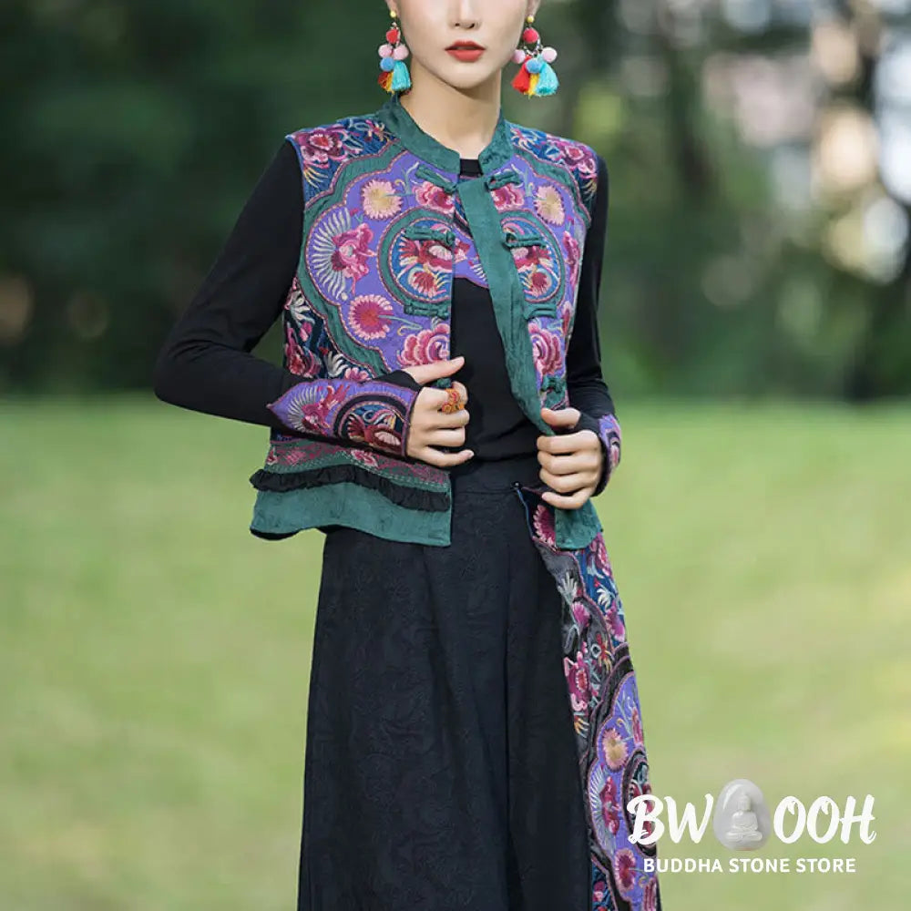 Buddha Stones Frog-Button Embroidery Flowers Cotton Linen Tang Suit Design Sleeveless Vest - Waistcoat