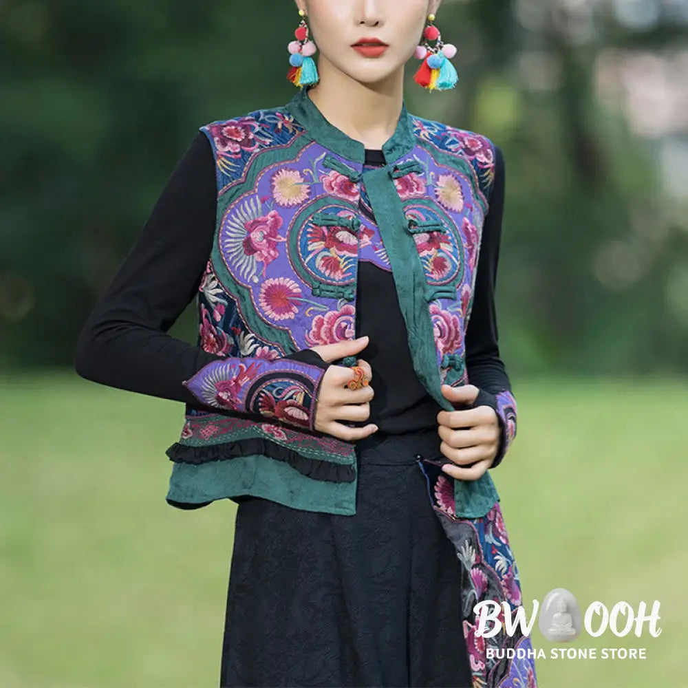 Buddha Stones Frog-Button Embroidery Flowers Cotton Linen Tang Suit Design Sleeveless Vest - Waistcoat