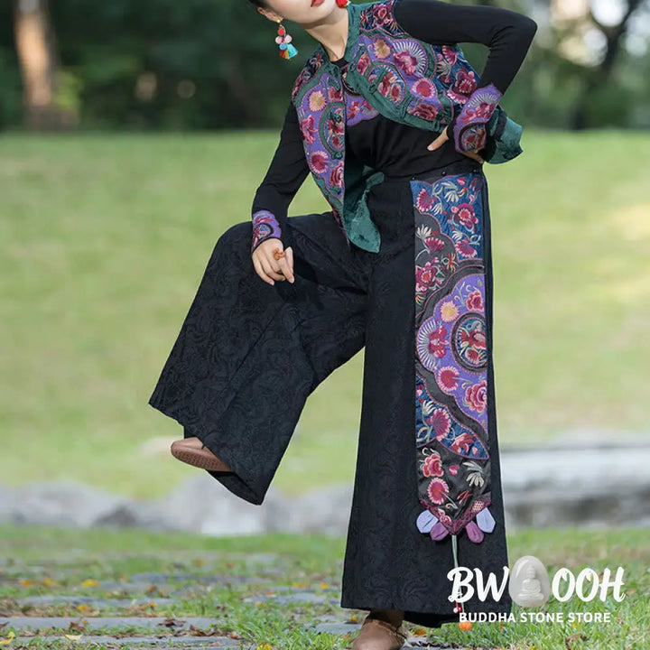 Buddha Stones Frog-Button Embroidery Flowers Cotton Linen Tang Suit Design Sleeveless Vest - Waistcoat