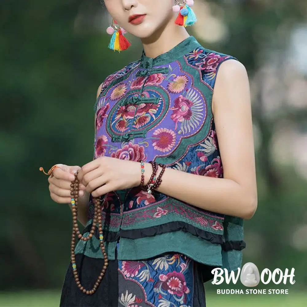 Buddha Stones Frog-Button Embroidery Flowers Cotton Linen Tang Suit Design Sleeveless Vest - Waistcoat