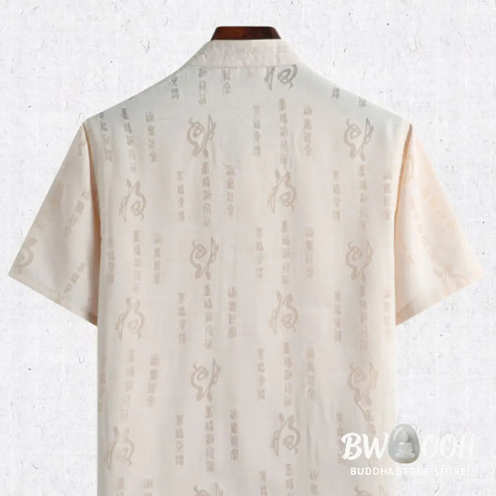 Buddha Stones Frog-Button Fu Character Dragon Bamboo Leaf Chinese Tang Suit Short Sleeve Shirt Linen With Pockets