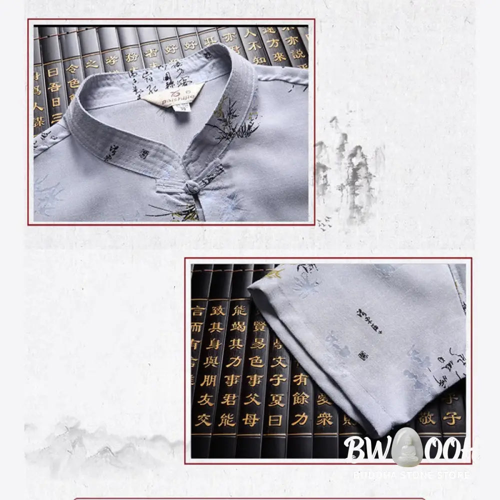 Buddha Stones Frog-Button Fu Character Dragon Bamboo Leaf Chinese Tang Suit Short Sleeve Shirt Linen With Pockets