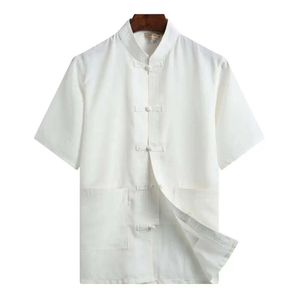Buddha Stones Frog-Button Fu Character Dragon Bamboo Leaf Chinese Tang Suit Short Sleeve Shirt Linen With Pockets