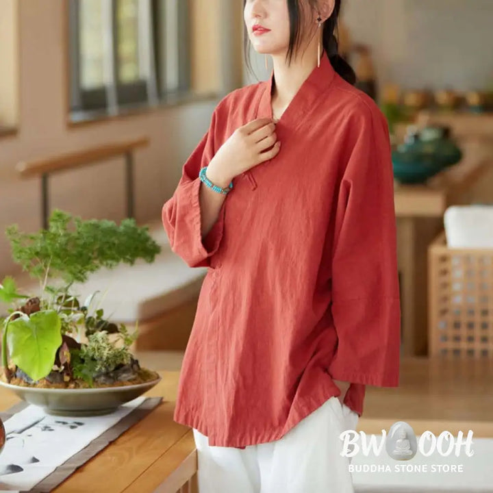 Buddha Stones Frog-Button Hanfu Design Long Sleeve Coat Zen Meditation Open Front Top Jacket - Jacket