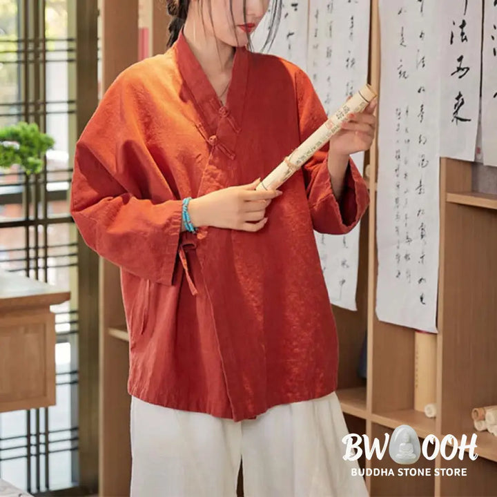 Buddha Stones Frog-Button Hanfu Design Long Sleeve Coat Zen Meditation Open Front Top Jacket - Jacket