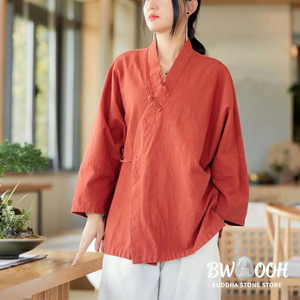 Buddha Stones Frog-Button Hanfu Design Long Sleeve Coat Zen Meditation Open Front Top Jacket - Jacket