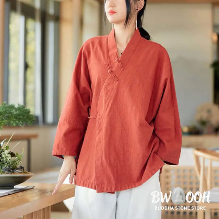 Buddha Stones Frog-Button Hanfu Design Long Sleeve Coat Zen Meditation Open Front Top Jacket - Jacket