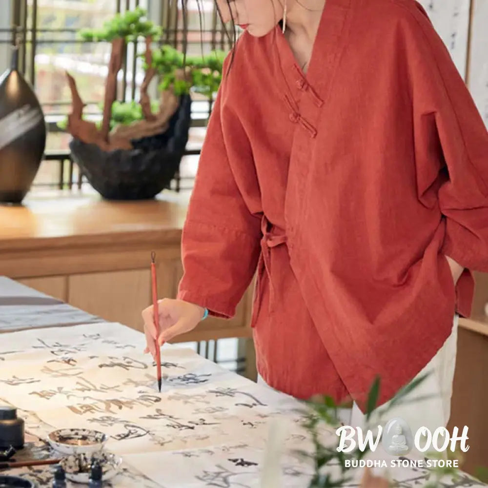 Buddha Stones Frog-Button Hanfu Design Long Sleeve Coat Zen Meditation Open Front Top Jacket - Jacket