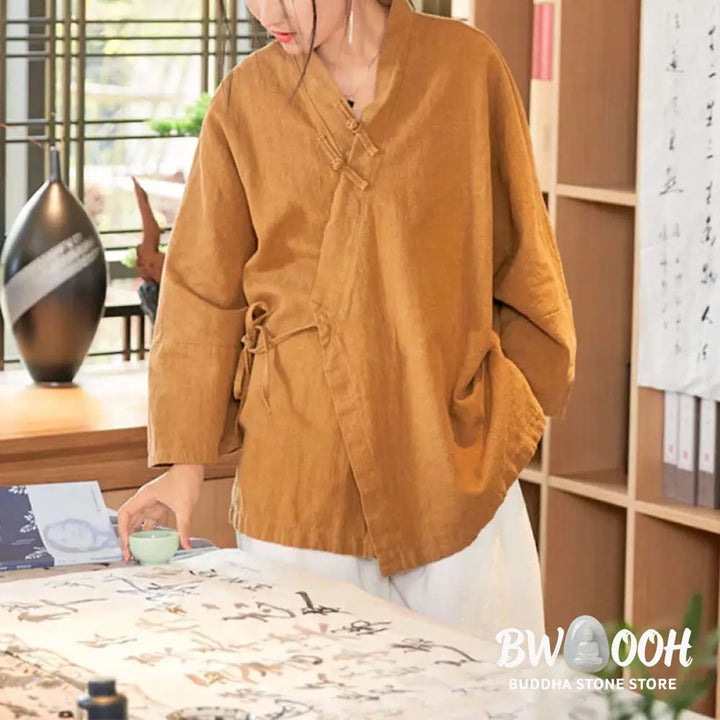 Buddha Stones Frog-Button Hanfu Design Long Sleeve Coat Zen Meditation Open Front Top Jacket - Jacket