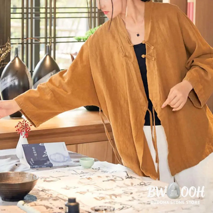 Buddha Stones Frog-Button Hanfu Design Long Sleeve Coat Zen Meditation Open Front Top Jacket - Jacket