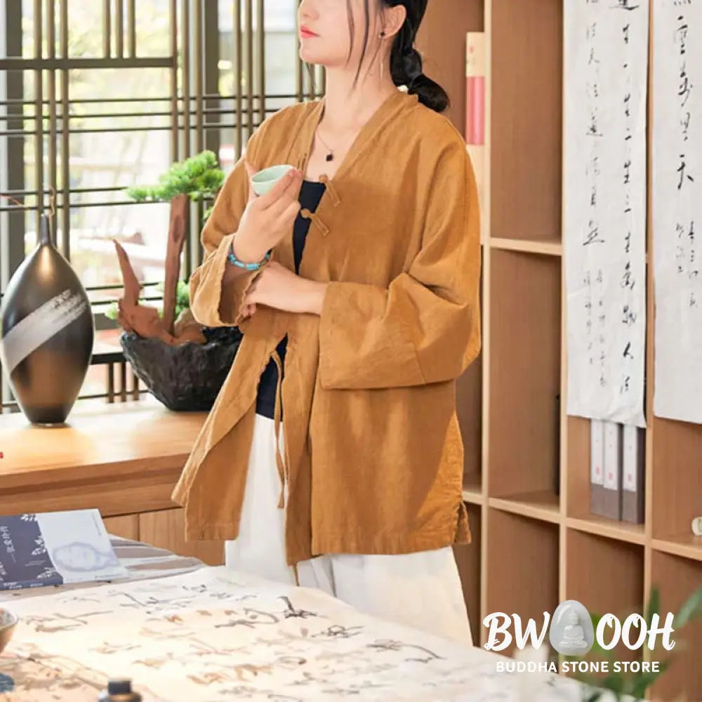 Buddha Stones Frog-Button Hanfu Design Long Sleeve Coat Zen Meditation Open Front Top Jacket - Jacket