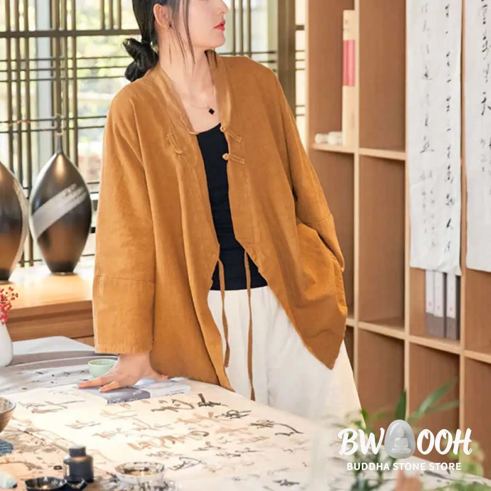 Buddha Stones Frog-Button Hanfu Design Long Sleeve Coat Zen Meditation Open Front Top Jacket - Jacket