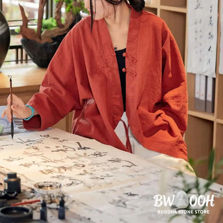 Buddha Stones Frog-Button Hanfu Design Long Sleeve Coat Zen Meditation Open Front Top Jacket - Jacket