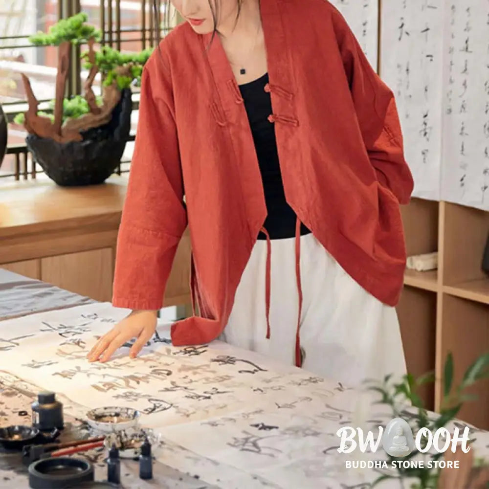 Buddha Stones Frog-Button Hanfu Design Long Sleeve Coat Zen Meditation Open Front Top Jacket - Jacket