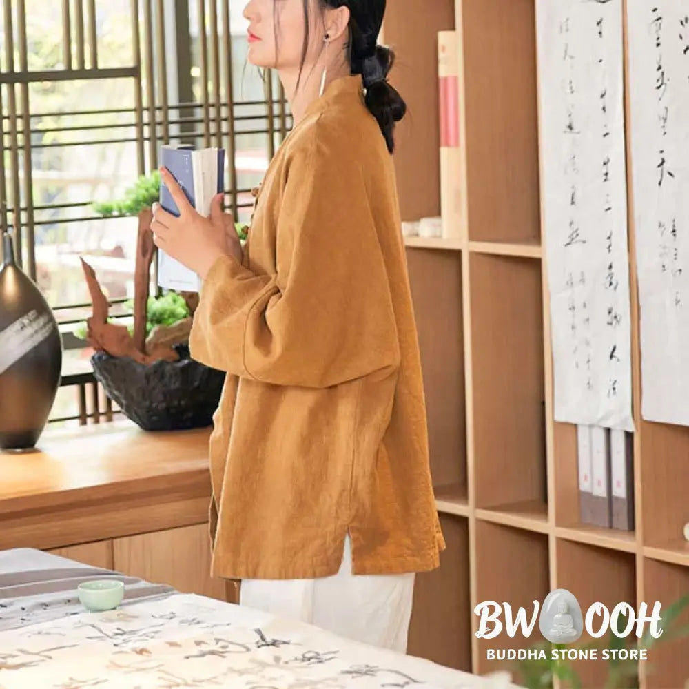 Buddha Stones Frog-Button Hanfu Design Long Sleeve Coat Zen Meditation Open Front Top Jacket - Jacket