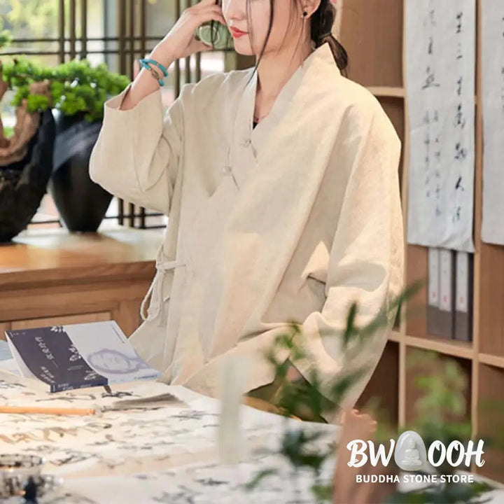 Buddha Stones Frog-Button Hanfu Design Long Sleeve Coat Zen Meditation Open Front Top Jacket - Jacket