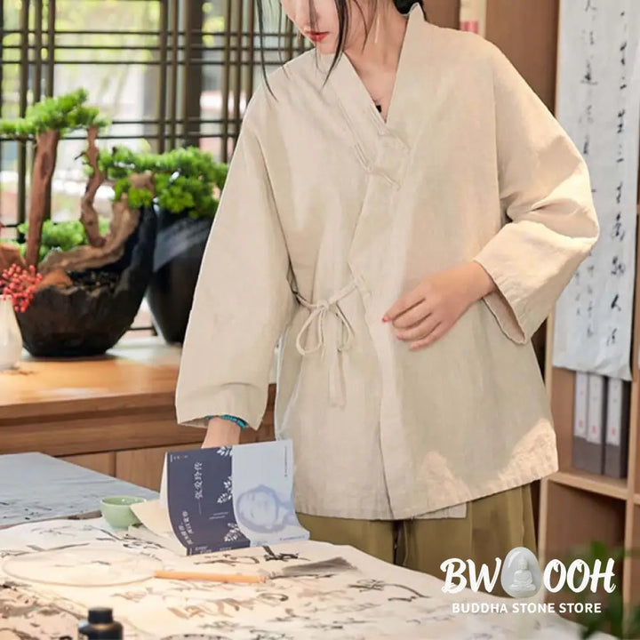 Buddha Stones Frog-Button Hanfu Design Long Sleeve Coat Zen Meditation Open Front Top Jacket - Jacket