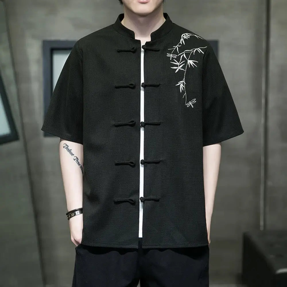 Buddha Stones Frog-Button Leaf Dragonfly Embroidery Men’s Short Sleeve Shirt - Black / US/UK/AU34，EU44 (M) - Men’s